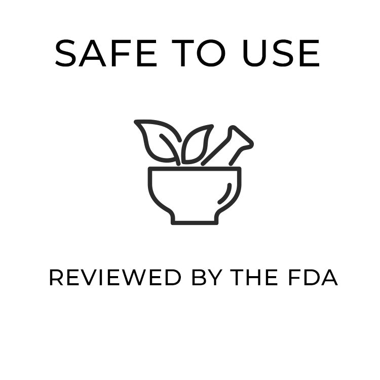 Icon of a mortar and pestle with leaves and text 'SAFE TO USE REVIEWED BY THE FDA' on a white background